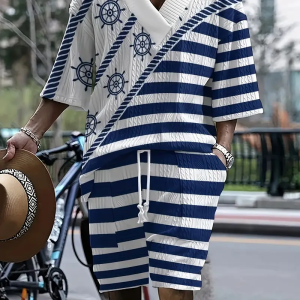 Men's Casual Summer Nautical Polyester Sweatsuit with Digital 3D Print, V-neck Short Sleeve T-Shirt & Shorts Set with Pockets, Slight Stretch Knit Fabric, Regular Fit Sailboat Pattern