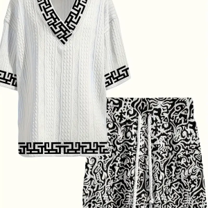 Men's casual vacation style set, white diamond patterned V-neck mid sleeved top paired with black and white geometric printed shorts