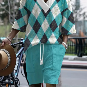 New Men's 3D Plaid Color Block Casual Loose V-Neck Half-Sleeve T-Shirt and Shorts Two-Piece Set
