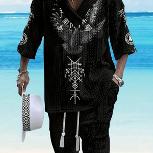 Men'S Vintage Viking Gothic Print Loose Fit Summer Casual Sportswear Set - Black & White Embroidered V-Neck Top with Drawstring Shorts, Beachwear, Beach Accessories
