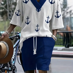 Men'S Summer Casual Knit Suit - V-Neck Short Sleeve T-Shirt with Pockets Elastic Waist Shorts, Breathable Polyester