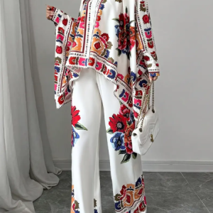 Women'S Floral Print Top and Pants Set - Vibrant Tropical Design, White Pants with Red Floral Print Patterns, All-Season Comfort, Casual Attire|Floral Print Top|Polyester Fabric
