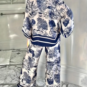 2024 European and American Cross-border Independent Station Fashionista V-Neck Printed Long Sleeve Pocket Casual Women's Set