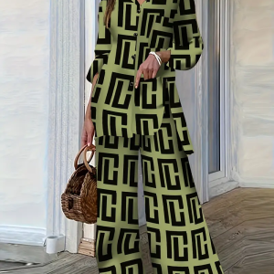 Women'S Elegant Geometric Print Pantsuit - Chic Polyester Blend, Button-Up, Long Sleeve, Midi Skirt, Spring/Summer Fashion, Casual Attire|Geometric Print Top|Polyester Blend